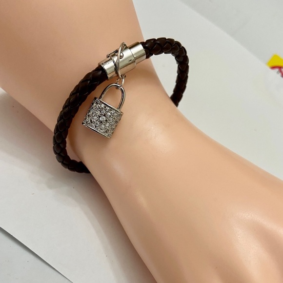 Brown Braided Leather Bracelet with Padlock Charm - Picture 1 of 12